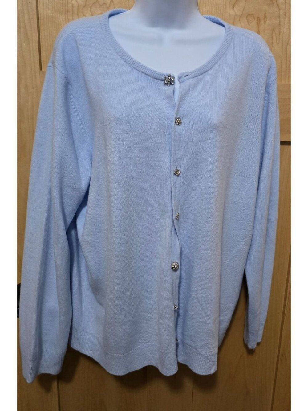 Crystal-Kobe Womens Light Blue Cardigan Sweater With Rhinestone Buttons grandma